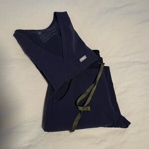 XS Tall dark blue Zamora joggers and caterina one pocket scrub top